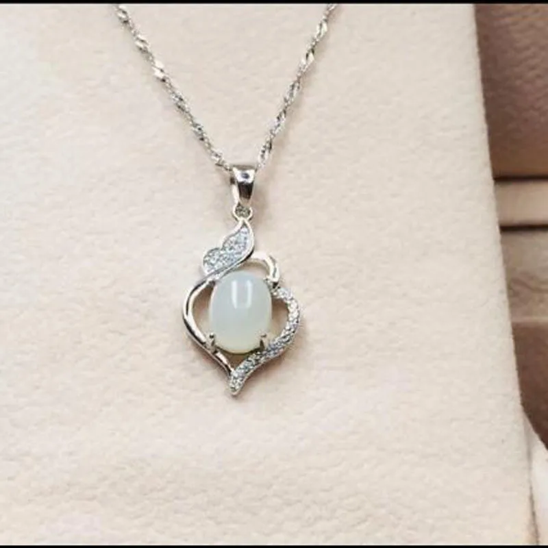 925 Silver Natural White jade pendants simple fine jewelry Zircon for women party Necklace
