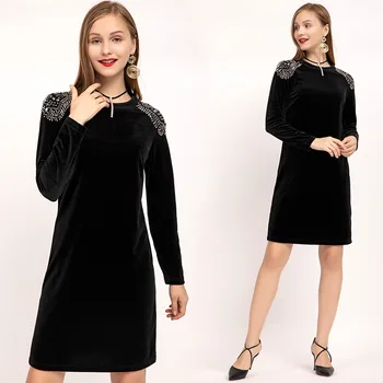 

Autumn Winter Fashion Ladies elegant dresses Beaded Long sleeve Office black dress vestidos Plus Size Cultivating Jurken 4XL 5XL