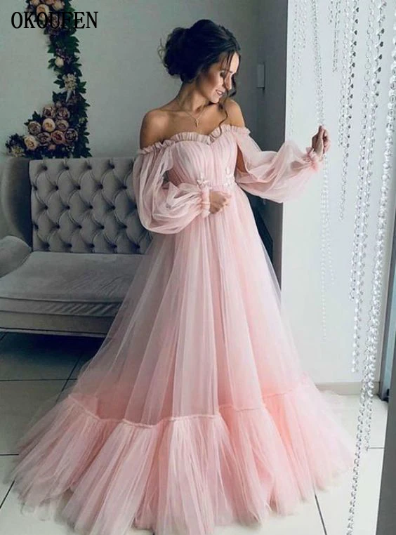 

Tulle Prom Dresses 2019 A-Line Pink Off the Shoulder Lantern Long Sleeves Elegant Tulle Evening Gown Vestido robe de soiree gala
