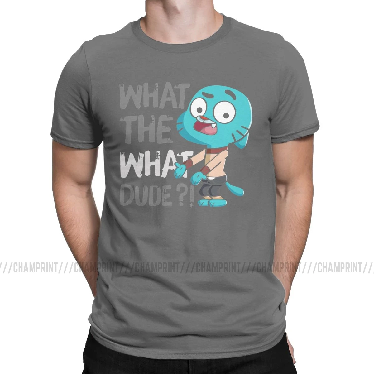Men T-Shirt What The What Dude Creative Pure Cotton Tees Short Sleeve The Amazing World of Gumball T Shirt O Neck Tops Gift - Цвет: Темно-серый