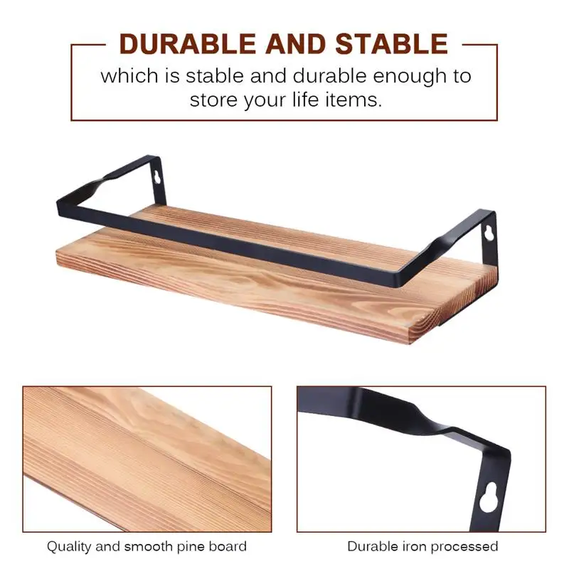 2PC Wooden Iron Wall Shelf Wall Mounted Storage Rack Organization For Kitchen Bedroom Home Decor DIY Wall Decoration Holder