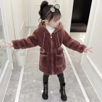 

Winter New Girls Faux Fur Coat Thicker Warm Baby Girl Hooded Imitation Fur Jackets Kids Outerwear Stitching Fake fur Coats L441