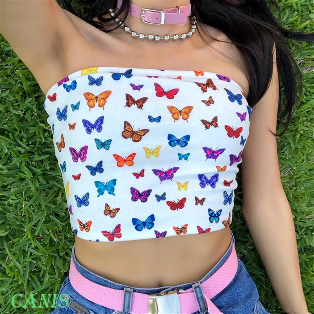 Summer Women Girl Butterfly Print Wrapped Chest Boob Tube Transgender Undershirt Strapless Short Tube Tops Crop Top Summer Women Girl Butterfly Print Wrapped Chest Boob Tube Transgender Undershirt Strapless Short Tube Tops Crop Top