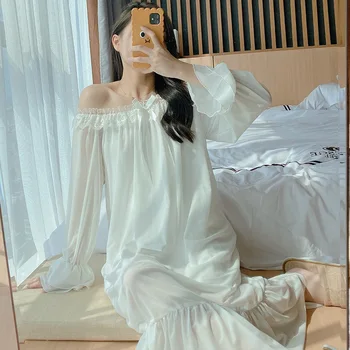 

Young Lady Sweet Mesh Nightgown Sexy Slash Neck Nightdress Bow Lace Trim Home Fairy Dress Spring Autumn Long Lounge Sleepwear
