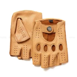 Chic Unlined Deerskin Gloves For Men Male High Quality Super Soft Genuine Leather Semi-Finger Mitt Hombre Moto Sports Guantes