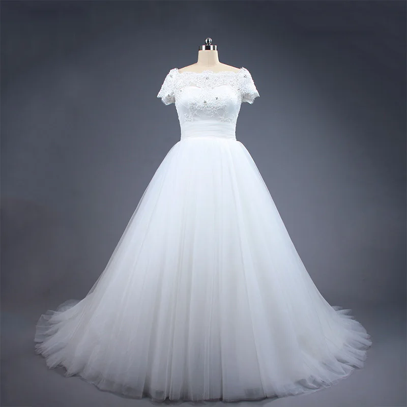

New Arrival Wedding Dress Real Sample Short Sleeve Off the shoulder Lace up Back A-line Tulle Csutom made Lace Bridal Gown