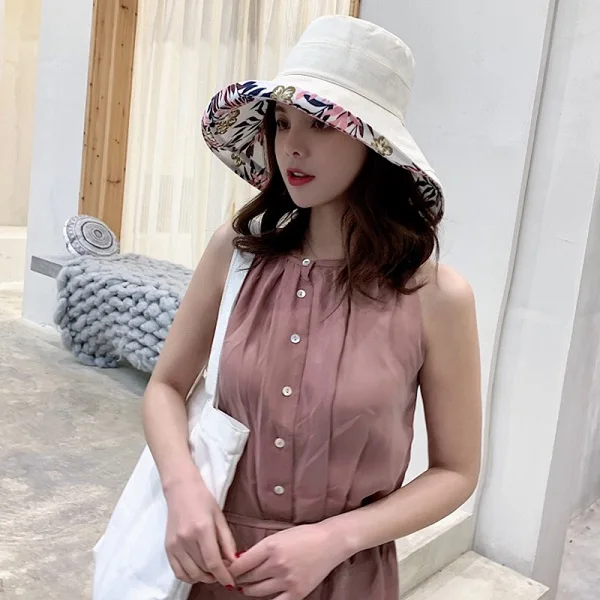 Women Fisherman Hat Sun Hat Outdoor Summer Floral Cap Cotton Double-sided