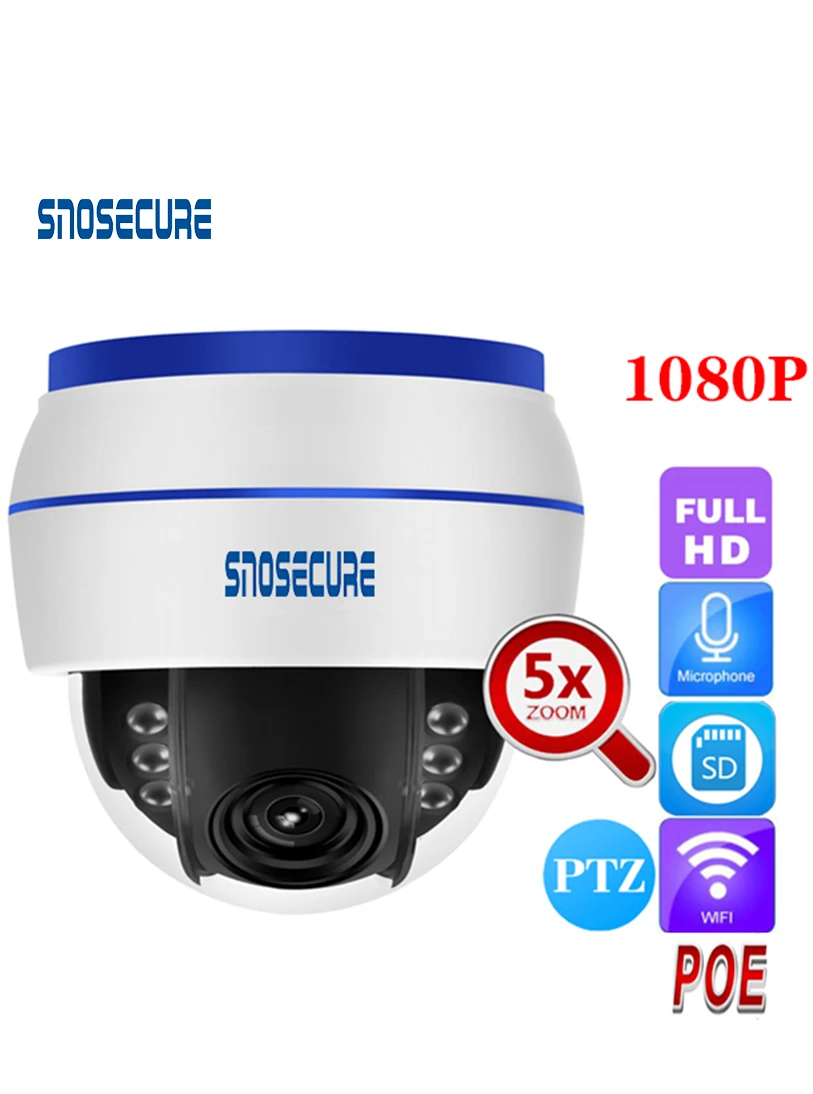 SNOSECURE Беспроводная скоростная купольная PTZ IP камера Wifi HD 1080P Автофокус 5X зум внутренняя аудио SD карта ИК ночного Onvif P2P POE поддержка