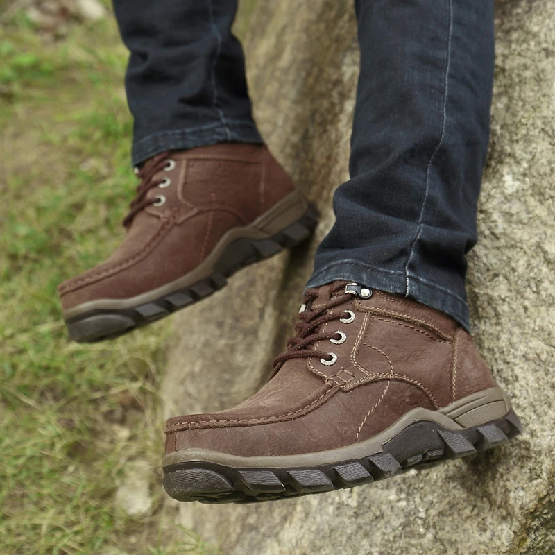 

Plus size Genuine Leather Boots Men Handmade Winter Snow Boots Warm Fur&Plush Ankle Boots Lace Up High Top Men Shoes