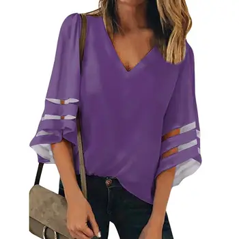 

Noble pure purple Printed logo custom Bell Sleeve V Neck Lace Patchwork Blouse Loose Shirt Tops Woman Casual Clothes
