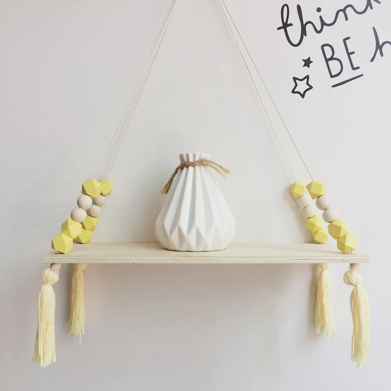 

Hot Nordic Style Wooden Bead Tassels Storage Rack Wall Rope Hanging Shelf for Decor Of Bedroom Living Room Kitchen Office Yellow