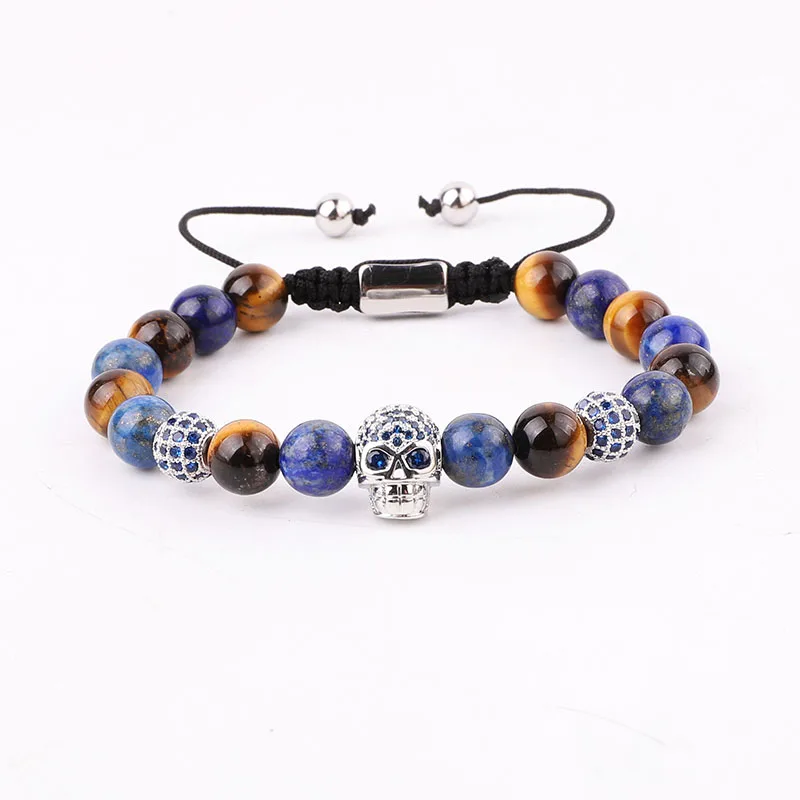 New Design Natural Stone Beads Blue CZ Pave Skull Charm Macrame Adjustable Bracelet Men - Image 4