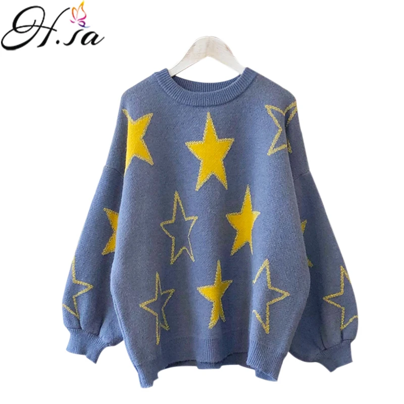 

H.SA Women Korean Sweater and Pullovers Oneck Christmas Pull Jumpers Oversized Stars Kawaii Pullover Sweaters casaco feminino