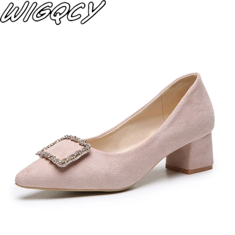 

2020 New Square Heel Pointed Toe Flock High Heel Shallow Rhinestone Slip-On Square Buckle Sexy High Heels Wedding Shoes Summer