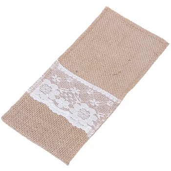 

10pcs Packaging Fork & Knife Holder Pocket 4"x8" Vintage Jute Burlap Lace Chic Tableware Pouch for Wedding Party Decoration