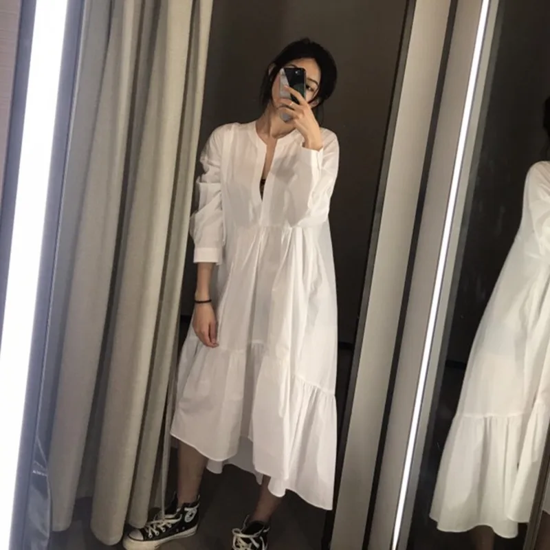 

[EWQ] 2019 Summer New Pattern Office Lady Style Solid Color Full Sleeve Loose Poplin Fabric Long Length V Collar Dress AF805