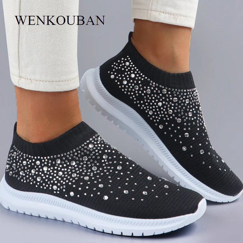 Vulcanize Shoes Basket Trainers Bling Sneakers Slip-On-Sock Crystal Casual Fashion Women