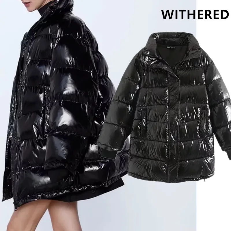Увядшее зимнее пальто для женщин Англия Высокая улица Винтаж негабаритных атласный блеск черный хлеб парка толстое теплое длинное пальто для женщин