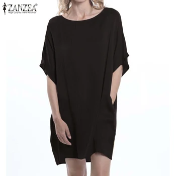 

2020 Summer Mini Dress ZANZEA Women Long Shirt Dresses Half Sleeve Solid Sundress Short Vestidos Pockets Robe Basic Plain Dress