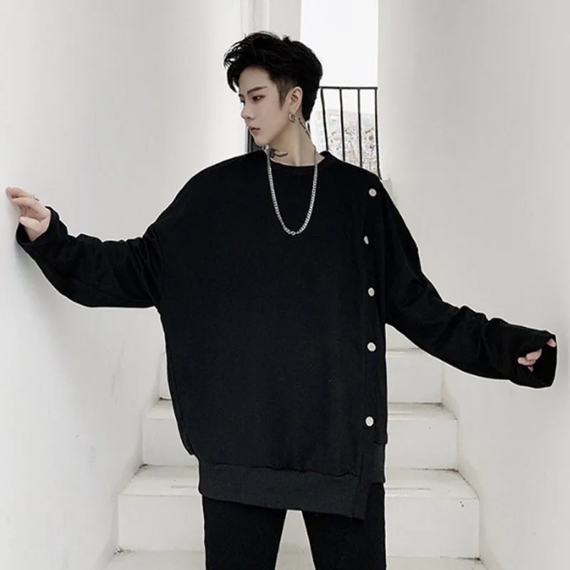 Men's Long Sleeve Spring Fall Asymmetric Button Loose Long Sleeve Pullover Men's Casual Sweatshirt Hip-Hop Couples Large Size