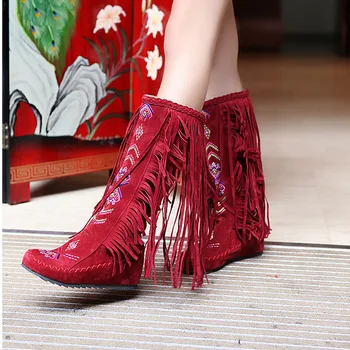 

Tassel Women Knee-High Boots Woman Embroidery Flats Woman Fashion Flock Ladies Slip On Footwear Female Sewing Shoes Plus Size 48