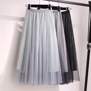 

COIGARSAM 4XL Plus Size Women Skirt Spring Summer Lurex Mesh Skirts Gray Black Light Blue 8810