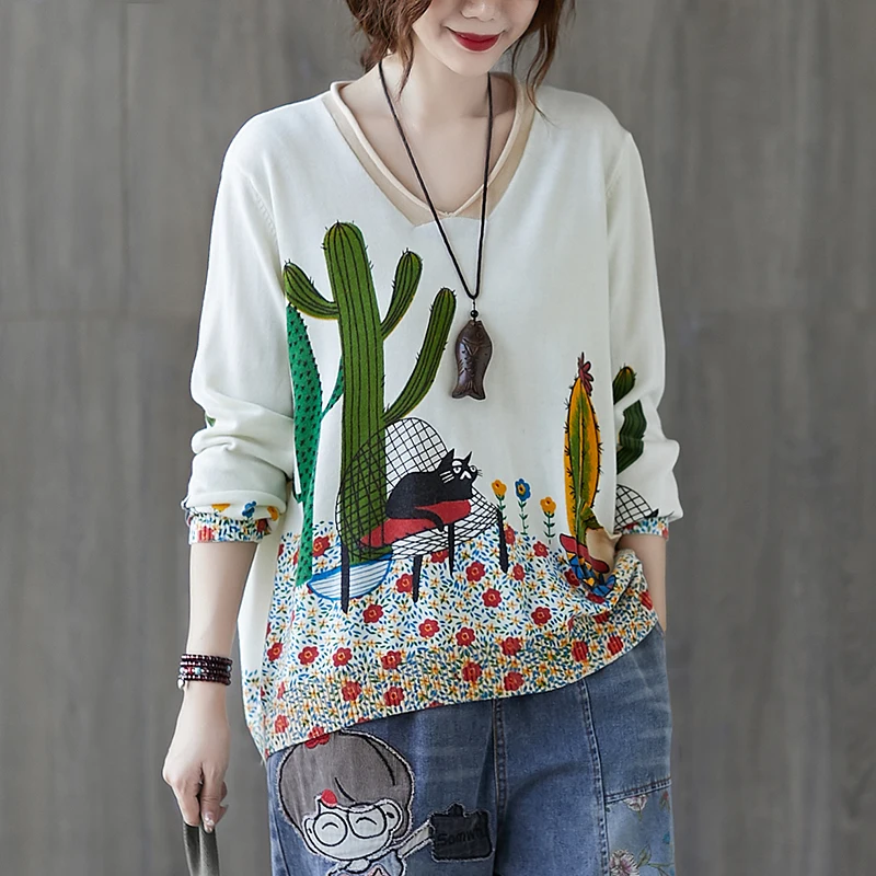 2021 New Cactus Cartoon Print Knitted Plus Size Women'S Patch Pocket Long Sleeve V-Neck Pullover Top Autumn Sweater | Женская одежда