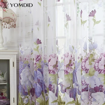 

Curtain Chinese herbaceous peony Printed Tulle Door Window Curtain Burnout Sheer Valances bedroom Living Room Curtains Cortinas