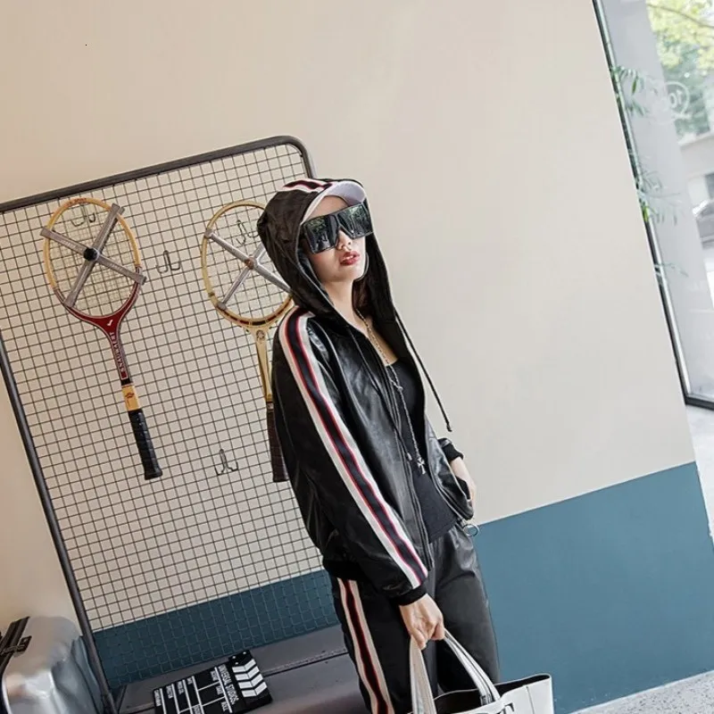 Spring New Sheepskin Leather Hooded Jacket Women Zipper Genuine Leather Color Mixed Short Fashion B