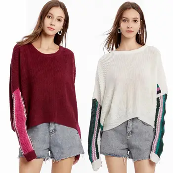 

Knitted Sweater Women Pullover Spring Autumn Fashion Casual Rainbow Stripe Bat Sleeve O-Neck Lazy Sweater Sueter Mujer 2019