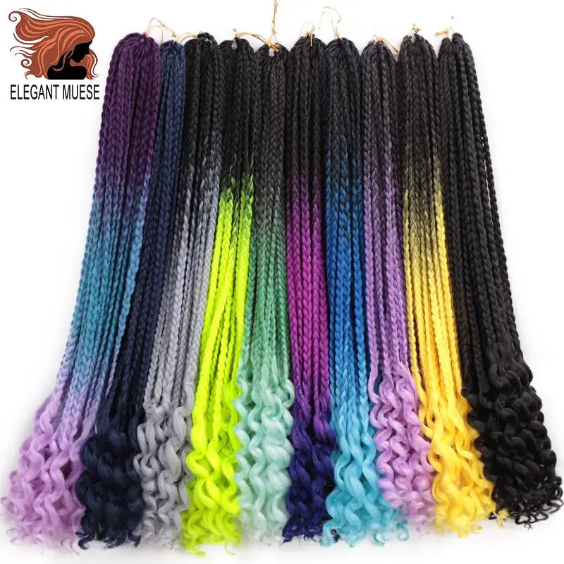 

ELEGANT MUSES 24Inch Goddess Box Braids Crochet Braid Hair Extensions 22 roots Ombre Synthetic Box Braids With Wavy Free End
