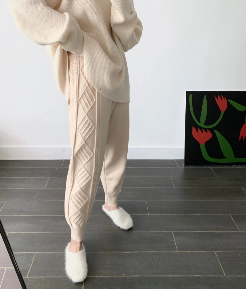 REALEFT женские зимние плотные штаны теплые вязаные Широкие повседневные брюки