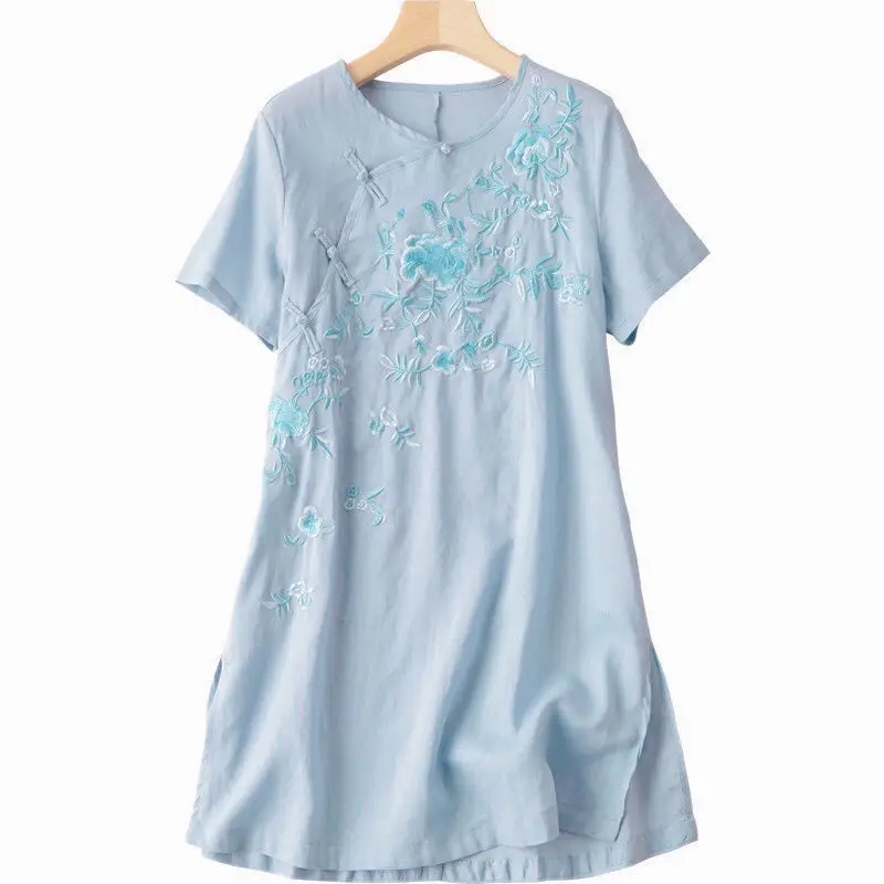 

Новинка 2024, модная Китайская традиционная одежда, повседневная льняная хлопковая блузка с коротким рукавом, винтажная свободная мягкая рубашка Hanfu с цветочным принтом