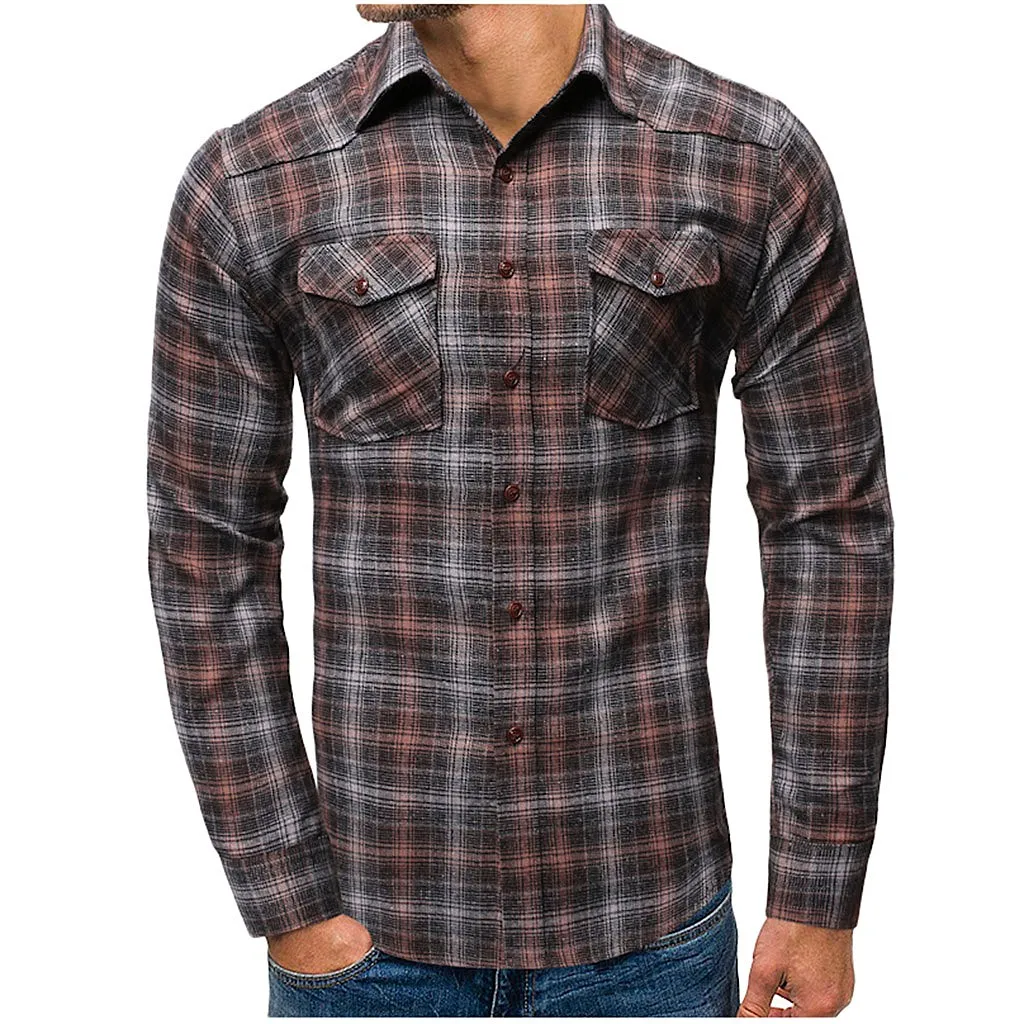 

Fashion Men Casual Plaid Button Long Sleeves Turn-down Collar Shirts Top Blouse Men Shirt camisa masculina camisas hombre Mens