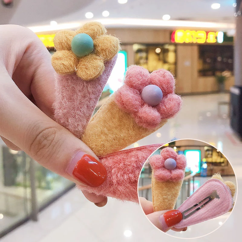 5 Pcs/Lot Cartoon Hair Clips For Girls Crochet Felt Kids Hairpins And Clips Geometric Leopard Print Hair Clips Girls Plush Cute