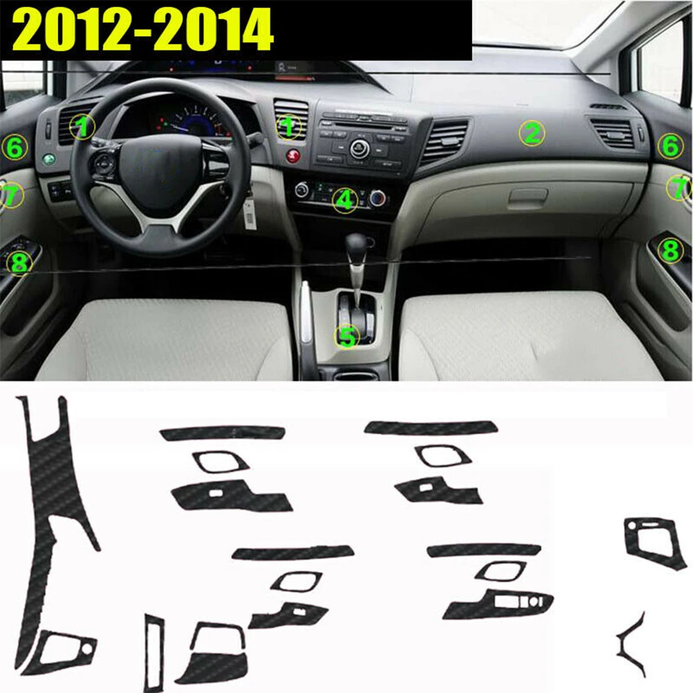 

H2CNC 1 Set 5D Car Interior Trim Black Sticker Decoration Decal Carbon Fiber Look Vinyl For Honda Civic 2012-2014