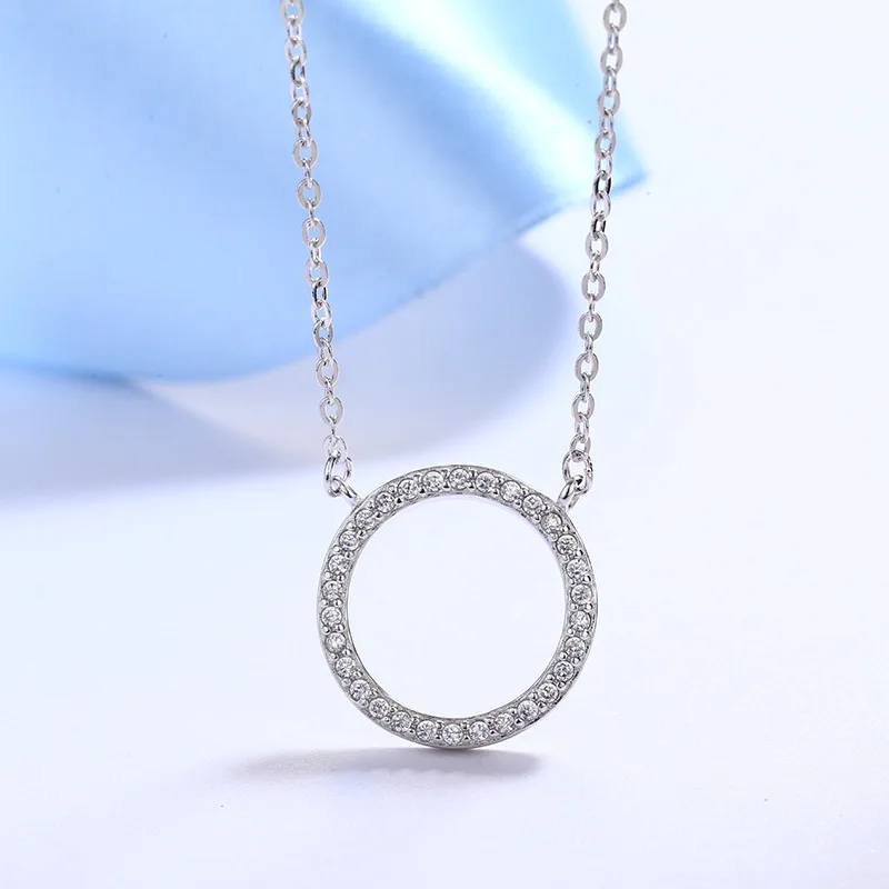

Imitation Silver Full of Crystals Circle Pendant Fashion Women's Geometry Circle Blue Sea Clavicle Necklace