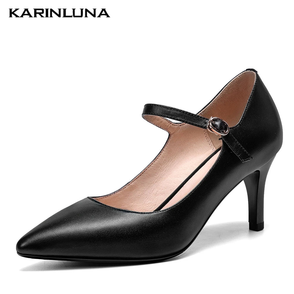 

Karinluna 2020 Dropship Top Quality Genuine Leather Pointed Toe Thin Heels Office Lady Mary Janes Pumps Women Shoes Woman
