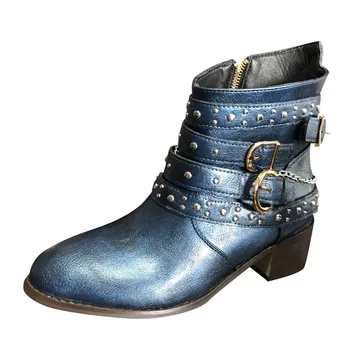 

Ladies Boots Women's Fashion Short Bootie Pointed Toe Zipper Cowboy Motorcycle Leather Rivet Shoes Ankle Boots Botas