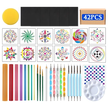

42PCS DIY Mandala Dotting Tools Kit Mandala Stencil Painting Dot Ball Stylus Paint Tray for Clay Drawing Rocks Craft