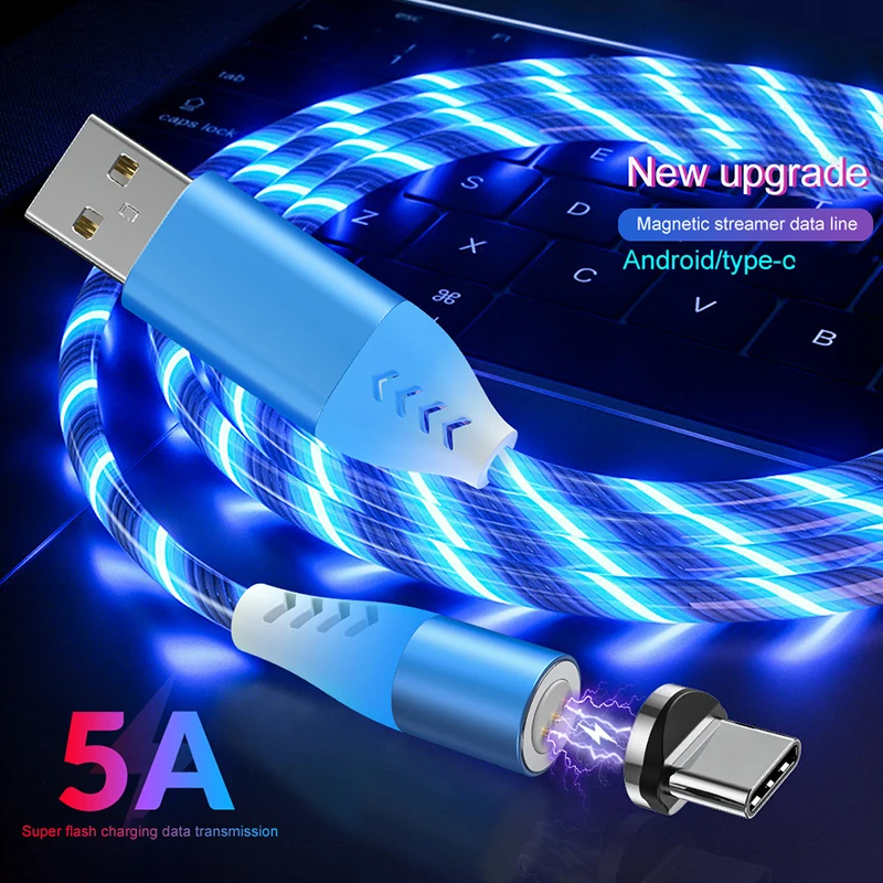 5A Быстрая зарядка Micro USB кабель type C Магнитный течёт светильник светодиодный зарядный кабель 1 м магнит зарядное устройство ЦВЕТНОЙ кабель