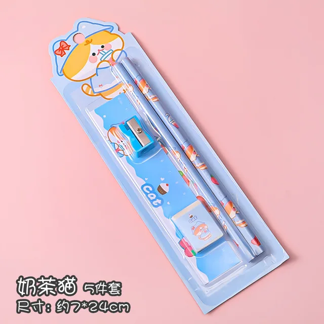5 In 1 Cartoon Pencil Sharpener Set Students Learn Stationery Eraser Ruler Children Drawing Sketch Supplies Kindergarten Gifts Cat