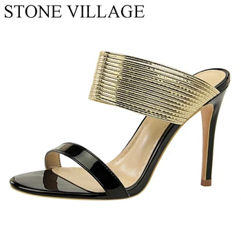 

STONE VILLAGE Fashion Retro Sexy Was Thin With High-Heeled Open Toe Metal Strap With The Word Women Slippers Sandals
