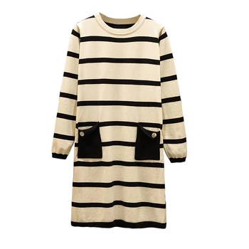 

New Winter Autumn Women Loose Sweater Knit Dress Stripe Long Sleeve Pocket Casual Outfits Vestidos O Neck Knitwear Sweaters