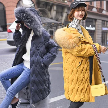 

2019 New Fashion Women Fur Collar Winter Jacket Cotton Padded Thicken Warm Hooded Coat Long Coats Parka Slim Jackets Cc74