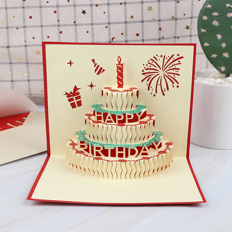 

3D Happy Birthday Cake Postcard With Envelope New friends Greeting Gift Cards