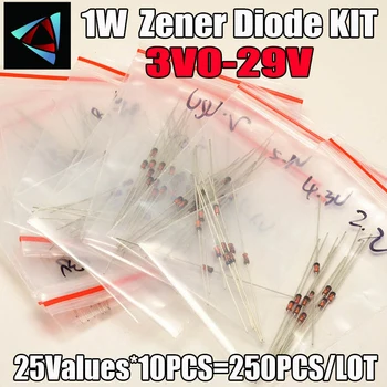 

1W Zener diode kit 3.3V-29V 25values or 25valuesX10Pieces Assorted Assortment Set New electronic component diy kit DO-41 1N47