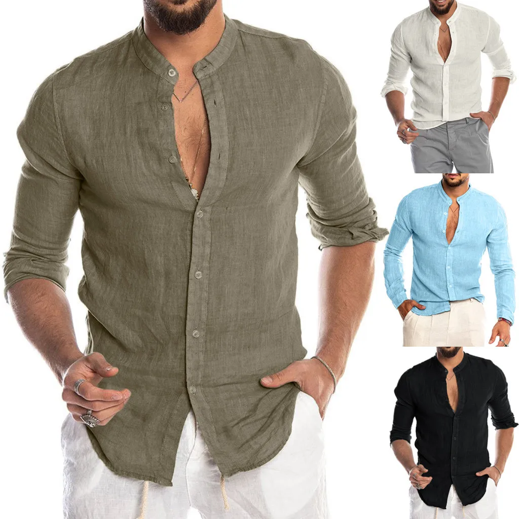 2020 Pria Kemeja Putih Tanpa Kerah Tombol Solid Pantai Panjang Lengan Kasual Blusas Kemeja Untuk Pria Hawaii Camisas Untuk Hombre Kemeja Kasual Aliexpress