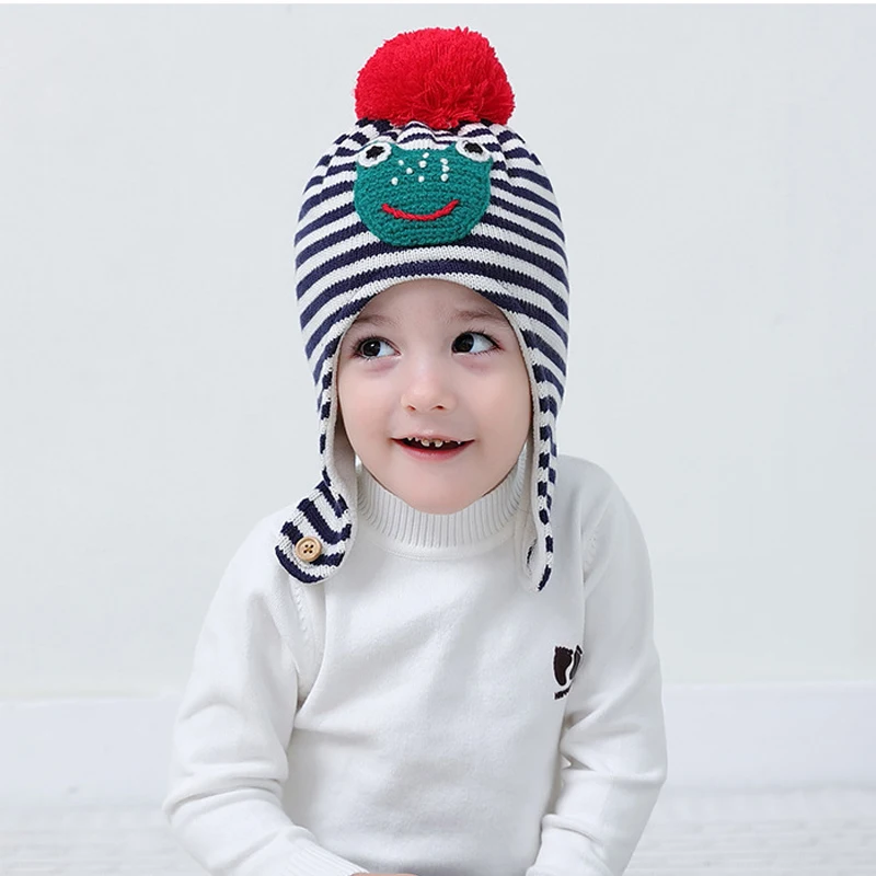 

Baby Hat Winter Earflap Beanie Boy Knit Fleece Warm Pompom Cotton Stripe Skiing Outdoor Accessory For Kid