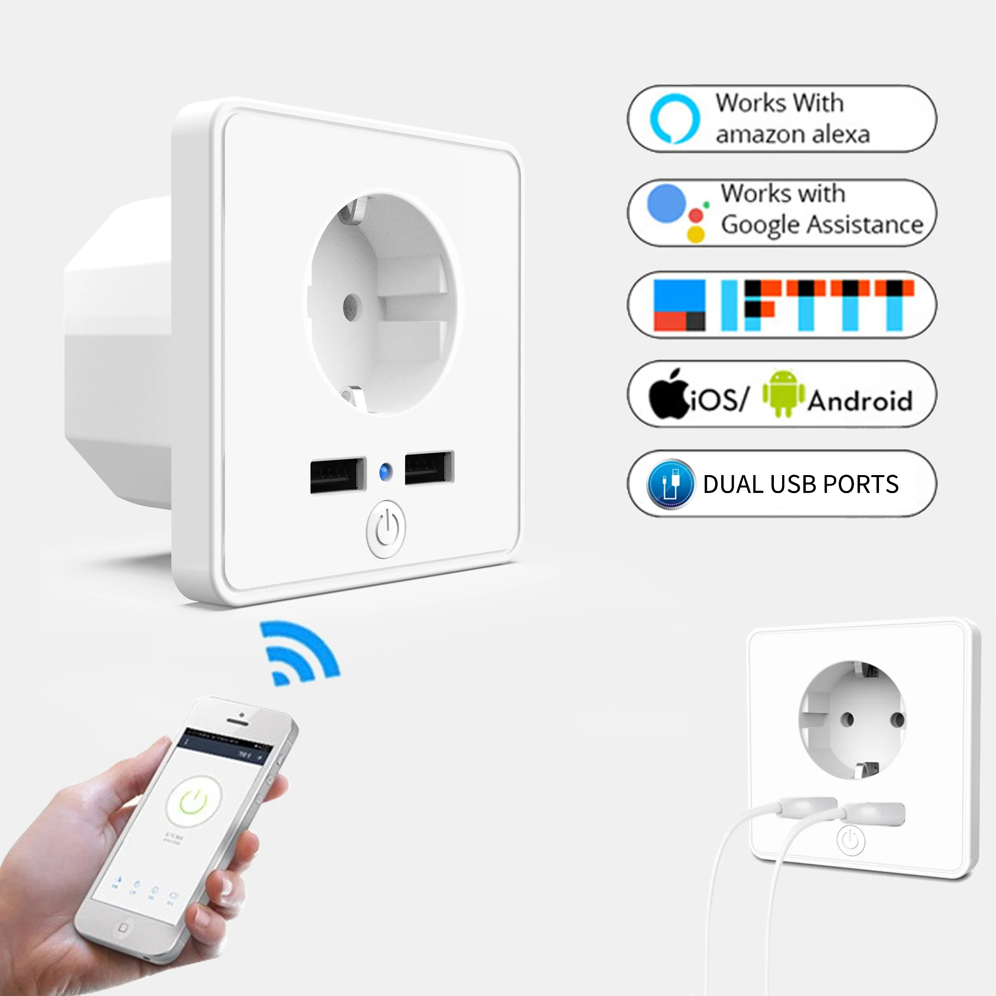 

ZUCZUG Universal Socket Smart WiFi Wall Outlet EU Plug Dual USB Ports Power Pop Socket With Alexa Google Home Voice Socket